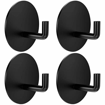 BARONAGE Heavy Duty Waterproof Stick on Hooks - 4 pcs Matte Black Adhesive Hooks for Towel, Robe, an...