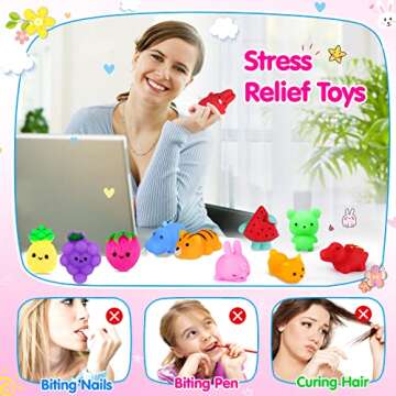 65PCS Mochi Squishy Toys for Kids Party Favors Fruit Animal Mini Squishies Stress Relief Toys Easter Egg Fillers Goodie Bag Stuffers Classroom Prizes Kids Valentines Xmas Gifts for Boys Girls, Random