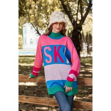 Yousify Mock Neck Sweater for Women Crewneck Lightweight Warm Stripe Tunic Apres Ski Sweaters 2024 Outfits Hot Pink M