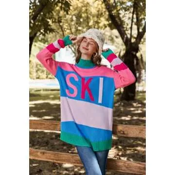Yousify Mock Neck Sweater for Women Crewneck Lightweight Warm Stripe Tunic Apres Ski Sweaters 2024 Outfits Hot Pink M