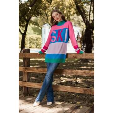 Yousify Mock Neck Sweater for Women Crewneck Lightweight Warm Stripe Tunic Apres Ski Sweaters 2024 Outfits Hot Pink M