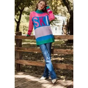 Yousify Mock Neck Sweater for Women Crewneck Lightweight Warm Stripe Tunic Apres Ski Sweaters 2024 Outfits Hot Pink M