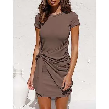 BTFBM Women 2025 Spring Casual Short Sleeve Ruched Bodycon Tank T Shirt Dress Tie Waist Sun Beach Su...