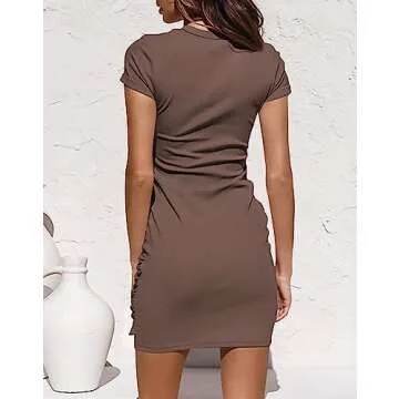 BTFBM Women 2025 Spring Casual Short Sleeve Ruched Bodycon Tank T Shirt Dress Tie Waist Sun Beach Summer Mini Dresses(Short Sleeve Coffee, Medium)