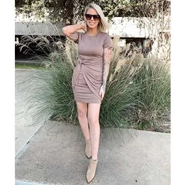 BTFBM Women 2025 Spring Casual Short Sleeve Ruched Bodycon Tank T Shirt Dress Tie Waist Sun Beach Summer Mini Dresses(Short Sleeve Coffee, Medium)
