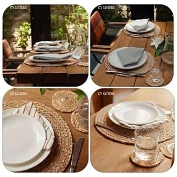 CY SISTERS Woven Placemats Round Placemats Set of 6, 13.5 Inch Wicker Placemats Circle Rattan Placemats Farmhouse Boho Braided Natural Water Hyacinth Place Mats for Indoor & Outdoor Table Decor