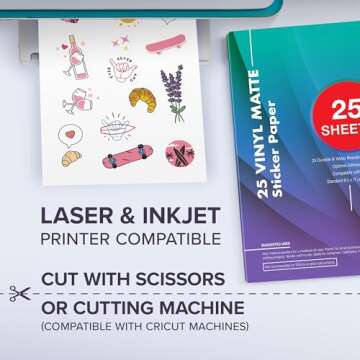 Premium Printable Vinyl Sticker Paper for Your Inkjet and Laser Printer – 25 Matte White Waterproof Decal Paper Sheets - Dries Quickly and Holds Ink Beautifully - Accessories Set for Cricut