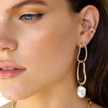 Ettika Pearl Earrings. Gold Earrings for Women. Mara Dangle Freshwater Pearl 18k Gold Plated Earrings. Birthday Gifts For Women