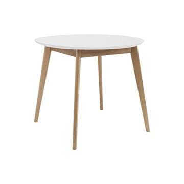 DAIVA CASA Orion Round Table for 4 Person - Birch Solid Wood Kitchen & Dining Room Furniture - Mid Century Modern Scandinavian Style – White Brown Table 37 inch