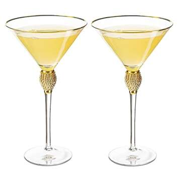 Diamond Collection 2 Piece Stemmed Martini Set - Rhinestone For Drinking Martinis , Manhattans, Vodka, Gin, Cocktails Gold Accent Cocktail Glasses, Perfect For Any Bar or Party 10oz - Wedding Style