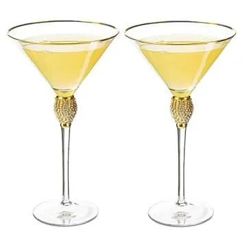 Diamond Collection 2 Piece Stemmed Martini Set - Rhinestone For Drinking Martinis , Manhattans, Vodka, Gin, Cocktails Gold Accent Cocktail Glasses, Perfect For Any Bar or Party 10oz - Wedding Style