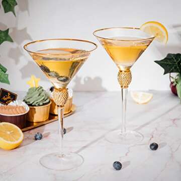 Diamond Collection 2 Piece Stemmed Martini Set - Rhinestone For Drinking Martinis , Manhattans, Vodka, Gin, Cocktails Gold Accent Cocktail Glasses, Perfect For Any Bar or Party 10oz - Wedding Style