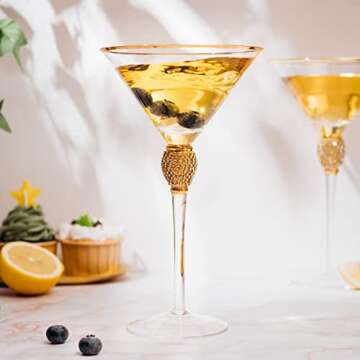Diamond Collection 2 Piece Stemmed Martini Set - Rhinestone For Drinking Martinis , Manhattans, Vodka, Gin, Cocktails Gold Accent Cocktail Glasses, Perfect For Any Bar or Party 10oz - Wedding Style