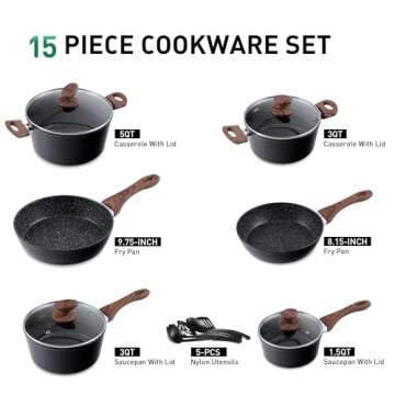 MAISON ARTS Pots and Pans Set Non Stick, 15 Pcs Non-Toxic Hammered Kitchen Cookware Sets, Black Gran...
