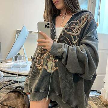 SOLILOQUY Women Zip Up Hoodie Fashion Punk Sport Coat Hip Hop Joggers Pullover 90s Streetwear Grunge Hoodies Y2K (S, Grey Skeleton)