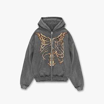 SOLILOQUY Women Zip Up Hoodie Fashion Punk Sport Coat Hip Hop Joggers Pullover 90s Streetwear Grunge Hoodies Y2K (S, Grey Skeleton)