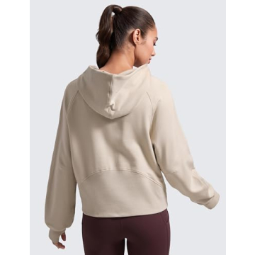CRZ YOGA Womens Fleece Mock Neck Hoodie Oversized Pullover Long Sleeve Casual Workout Hooded Sweatshirts with Thumb Hole Mojave Tan Medium