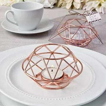 Fashioncraft Geometric Design Rose Gold Metal tealight Candle Holder
