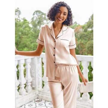 Ekouaer Silk Satin Pajamas Set Women Short Sleeve Sleepwear Soft Button Down Loungewear Pjs Set