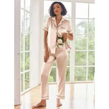 Ekouaer Silk Satin Pajamas Set Women Short Sleeve Sleepwear Soft Button Down Loungewear Pjs Set