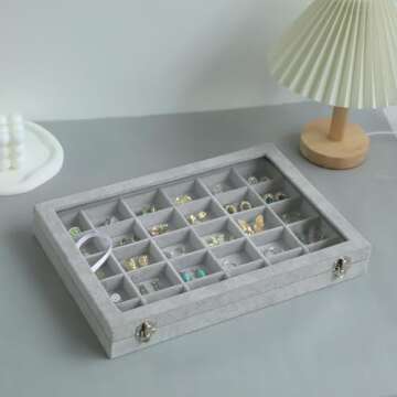 Wudygirl 30 Grid Jewelry Organizer Velvet Jewelry Box Jewelry Tray with Clear Lid Storage Case Showc...