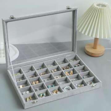 Wudygirl 30 Grid Jewelry Organizer Velvet Jewelry Box Jewelry Tray with Clear Lid Storage Case Showcase Display Stackable Removable (30 Grid)