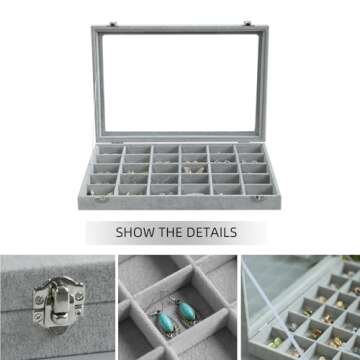 Wudygirl 30 Grid Jewelry Organizer Velvet Jewelry Box Jewelry Tray with Clear Lid Storage Case Showcase Display Stackable Removable (30 Grid)