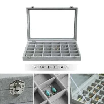 Wudygirl 30 Grid Jewelry Organizer Velvet Jewelry Box Jewelry Tray with Clear Lid Storage Case Showcase Display Stackable Removable (30 Grid)