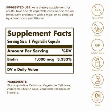 SOLGAR Biotin 1000 mcg - 250 Vegetarian Capsules for Healthy Skin, Hair & Nails
