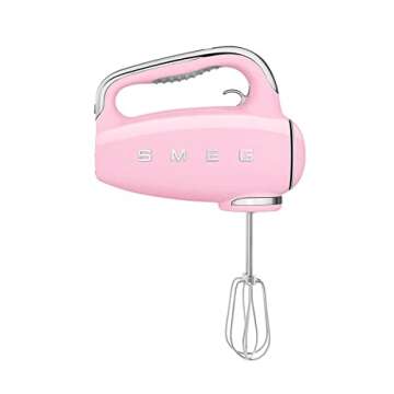 SMEG Pink Retro Hand Mixer with Whisks and Dough Hooks