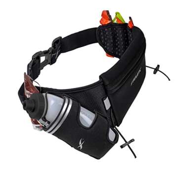 Fitletic Hydration Running Belt With 12oz Quick Flow Water Bottle For Men & Women –Race Belt, Gel Holders & Bib Toggles Patented Bounce Free Design, Water Resistant- Fits All Phones – Fully Loaded