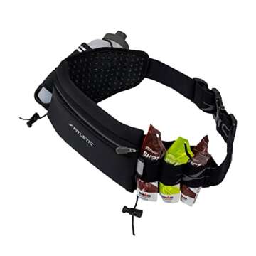 Fitletic Hydration Running Belt With 12oz Quick Flow Water Bottle For Men & Women –Race Belt, Gel Holders & Bib Toggles Patented Bounce Free Design, Water Resistant- Fits All Phones – Fully Loaded