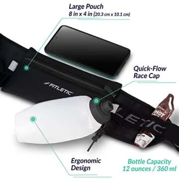 Fitletic Hydration Running Belt With 12oz Quick Flow Water Bottle For Men & Women –Race Belt, Gel Holders & Bib Toggles Patented Bounce Free Design, Water Resistant- Fits All Phones – Fully Loaded