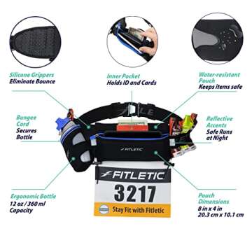 Fitletic Hydration Running Belt With 12oz Quick Flow Water Bottle For Men & Women –Race Belt, Gel Holders & Bib Toggles Patented Bounce Free Design, Water Resistant- Fits All Phones – Fully Loaded