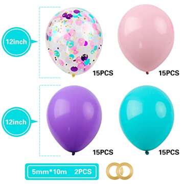 RUBFAC 60pcs Mermaid Balloons with Latex Confetti, Light Pink Purple Blue with Ribbons for Birthday ...