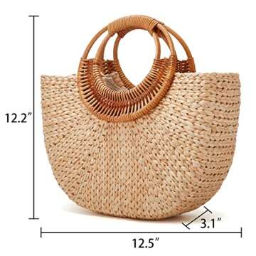 Obosoyo Women Beach Bag Straw Woven Tote Summer Rattan Boho Handbag Moon Basket Bamboo Top Handwoven Purse Jute Wicker Cute Braid Bride Travel Bags, Khaki, Large