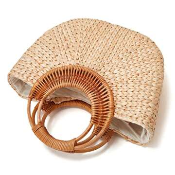 Obosoyo Women Beach Bag Straw Woven Tote Summer Rattan Boho Handbag Moon Basket Bamboo Top Handwoven Purse Jute Wicker Cute Braid Bride Travel Bags, Khaki, Large