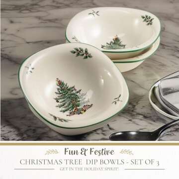 Spode Christmas Tree 5-Inch Holiday Dip Dishes, Set of 3 - Earthenware Dipping Bowls with Festive Ch...
