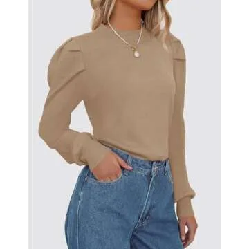 ZESICA Womens Fall Long Puff Sleeve Sweaters Casual Turtleneck Loose Ribbed Knit Solid Color Soft Pullover Jumper Tops,Khaki,Medium