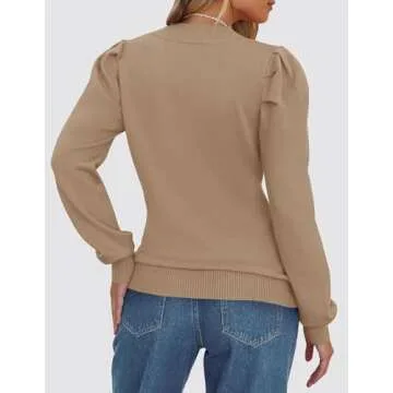 ZESICA Womens Fall Long Puff Sleeve Sweaters Casual Turtleneck Loose Ribbed Knit Solid Color Soft Pullover Jumper Tops,Khaki,Medium