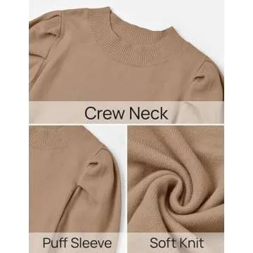 ZESICA Womens Fall Long Puff Sleeve Sweaters Casual Turtleneck Loose Ribbed Knit Solid Color Soft Pullover Jumper Tops,Khaki,Medium