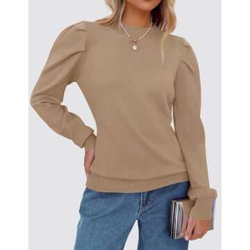 ZESICA Womens Fall Long Puff Sleeve Sweaters Casual Turtleneck Loose Ribbed Knit Solid Color Soft Pullover Jumper Tops,Khaki,Medium