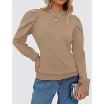 ZESICA Womens Fall Long Puff Sleeve Sweaters Casual Turtleneck Loose Ribbed Knit Solid Color Soft Pullover Jumper Tops,Khaki,Medium