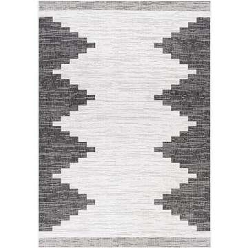 Hauteloom Djugun Outdoor Area Rug - Outside Porch Patio Rug Carpet - Waterproof Rug - Geometric - Black, Gray, Off White, White - 7'10" x 10'2"