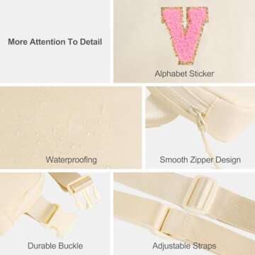 Initial Letter Belt Bag with Extender Strap Fanny Pack for Women Mini Crossbody Bum Hip Travel Purse Valentine's Day Gifts Graduation Gifts Trendy Beige Pouch Ivory V