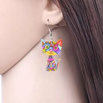 Acrylic Drop Cat Earrings Pets Funny Design 7 Color Lovely Gift For Women By The Bonsny (Multicolor)