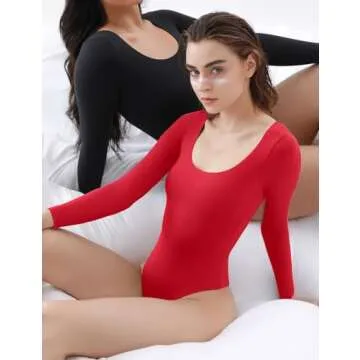 PUMIEY Bodysuit For Women Long Sleeve Red Tops Ruby Small