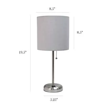 Simple Designs LT2024-GRY Brushed Steel Stick Table Desk Lamp with Charging Outlet and Drum Fabric Shade, Gray