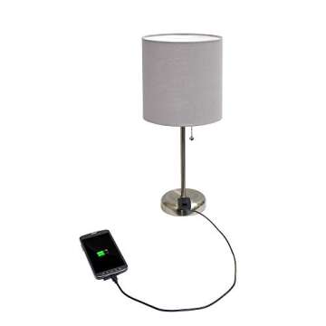 Simple Designs LT2024-GRY Brushed Steel Stick Table Desk Lamp with Charging Outlet and Drum Fabric Shade, Gray