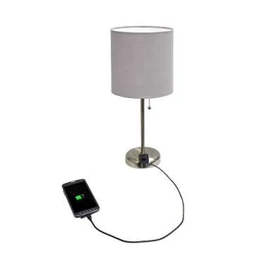 Simple Designs LT2024-GRY Brushed Steel Stick Table Desk Lamp with Charging Outlet and Drum Fabric Shade, Gray